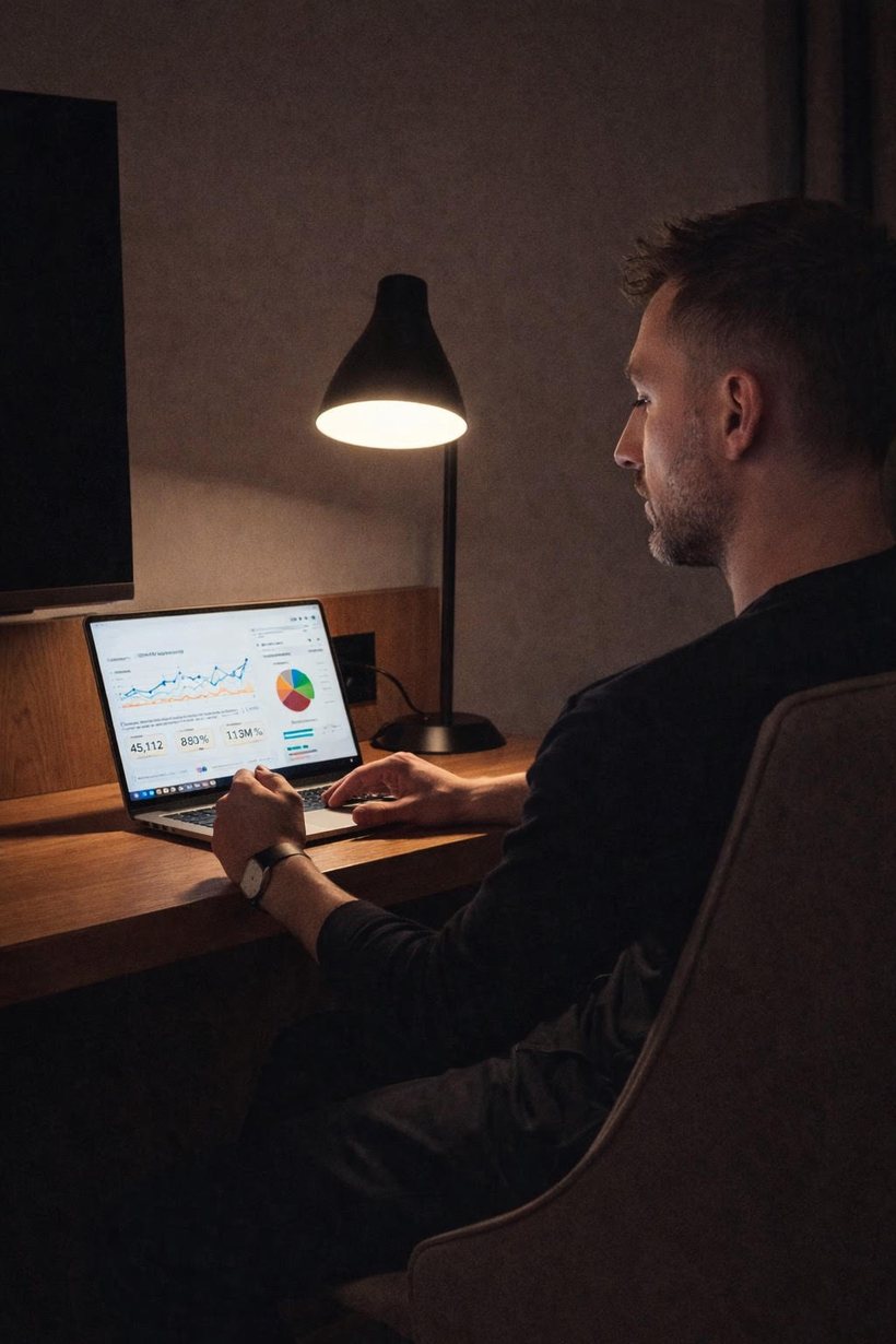Braedan Chinneck, founder of Tried + True, reviewing client growth analytics